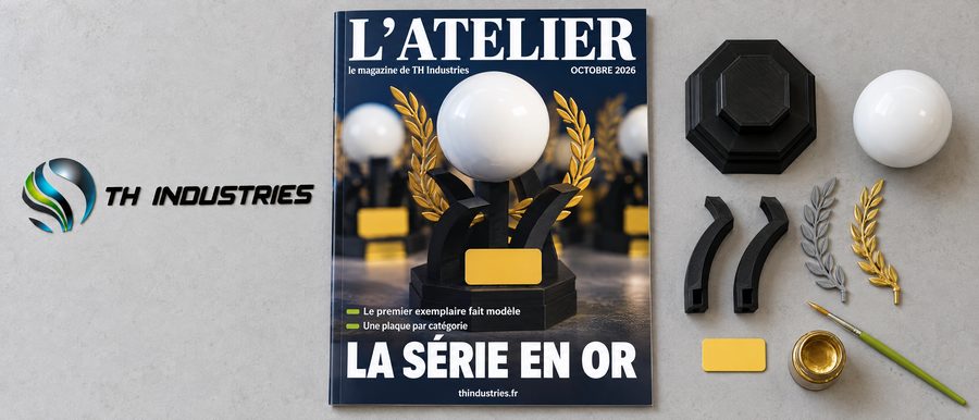 Une du magazine L'Atelier de TH Industries consacrée à une série de trophées aux lauriers dorés, posée à plat sur la table de finition à côté des pièces d'un trophée de la série