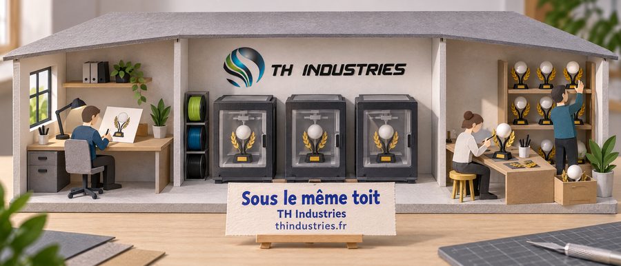 Diorama en papier découpé d'un atelier ouvert en coupe, avec le dessin, l'impression et la finition d'un trophée réunis sous le même toit