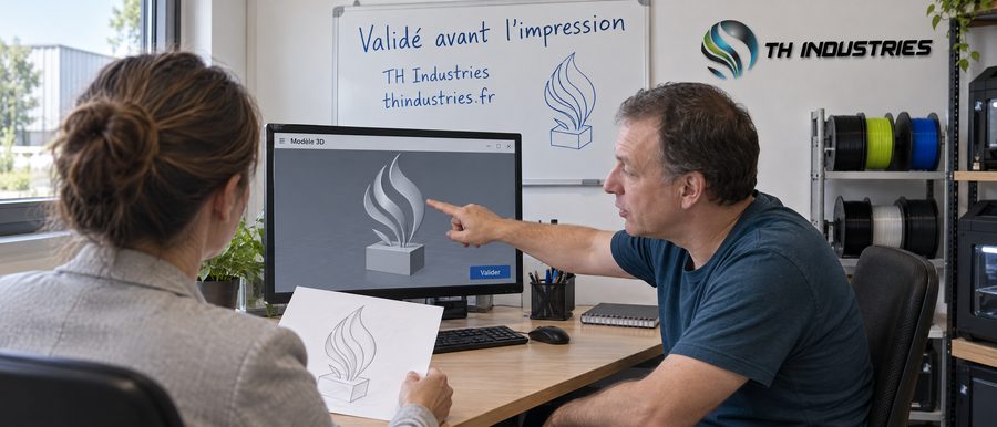 Validation à l'écran du modèle 3D d'un trophée doré avec une cliente, dans le bureau de l'atelier TH Industries à Sarrigné, près d'Angers