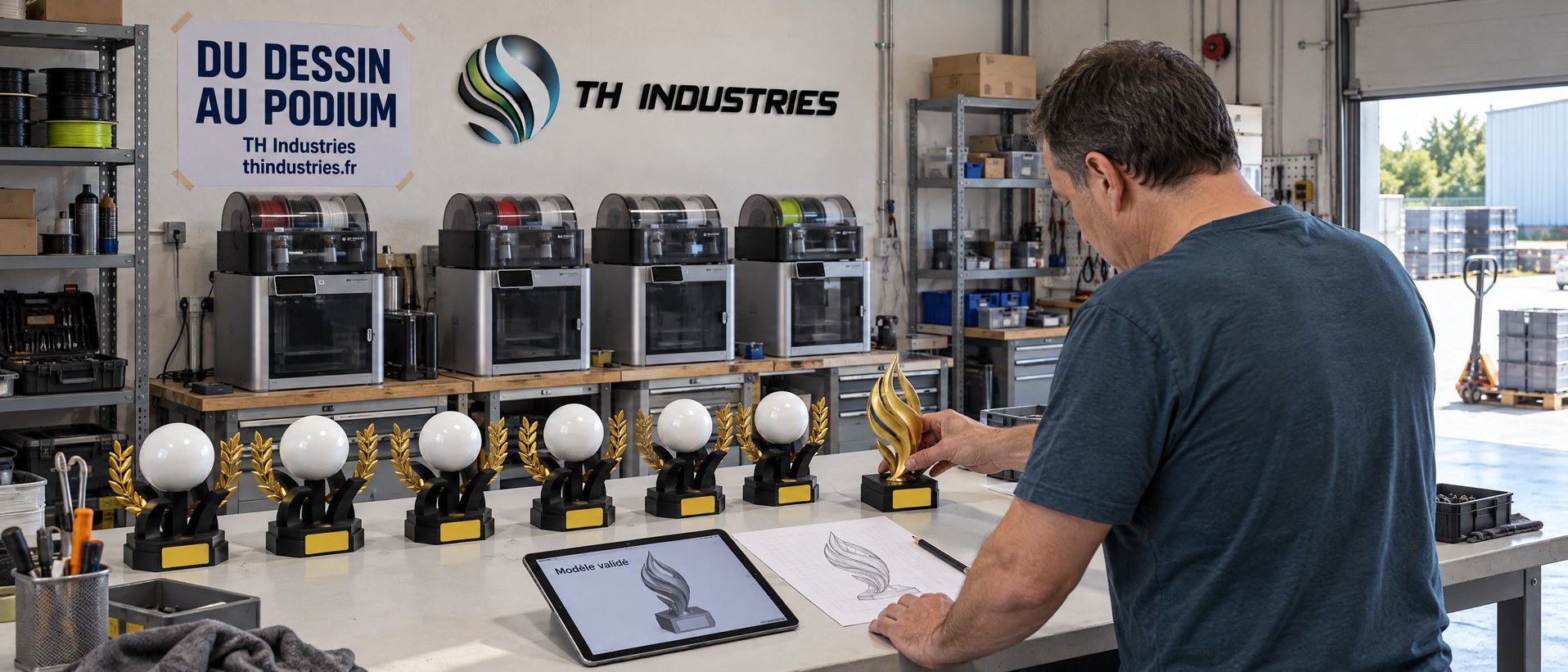 Dominique Droniou pose un trophée doré au bout d'une rangée de trophées à lauriers, dans l'atelier TH Industries : la création de trophée personnalisé, du dessin au podium
