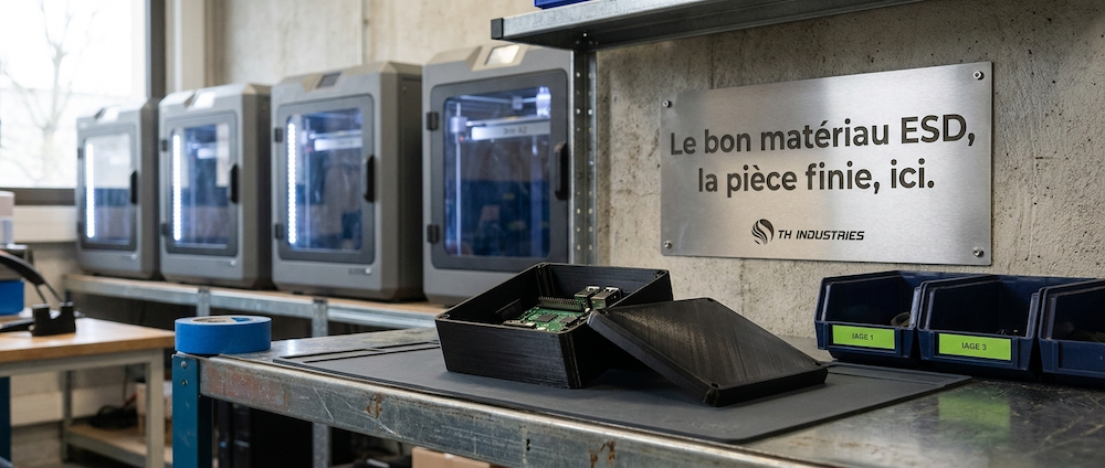 Impression 3D ESD : boîtier électronique noir imprimé en FDM, ouvert sur une carte, dans l'atelier TH Industries à Sarrigné près d'Angers
