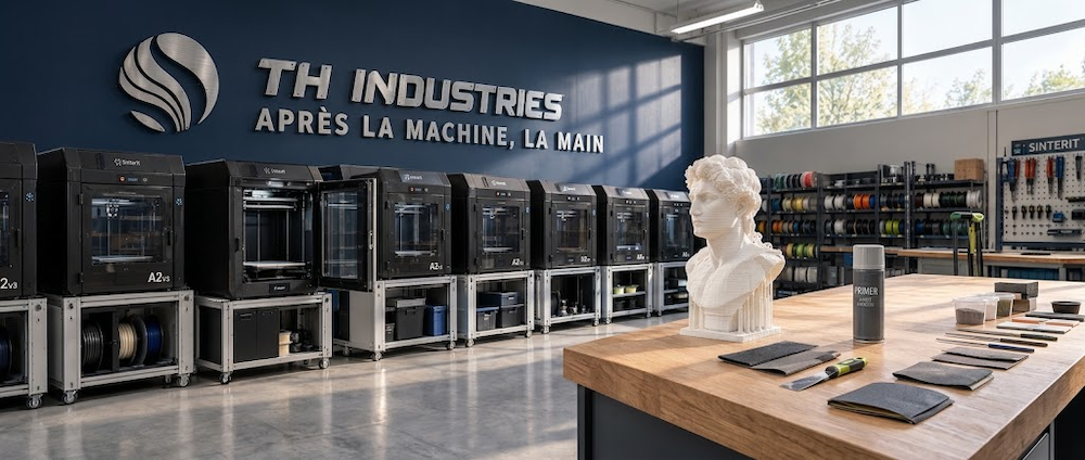 Atelier TH Industries à Sarrigné, imprimantes 3D et buste en cours de finition