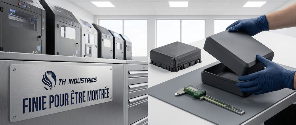 Boîtier technique imprimé en 3D, version brute avec supports et version finie