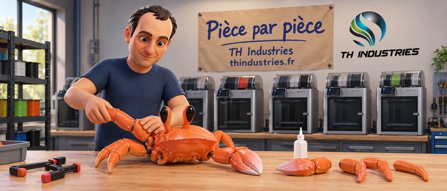 Assemblage à la main des morceaux d'un crabe imprimé en 3D sur l'établi, devant des imprimantes fermées