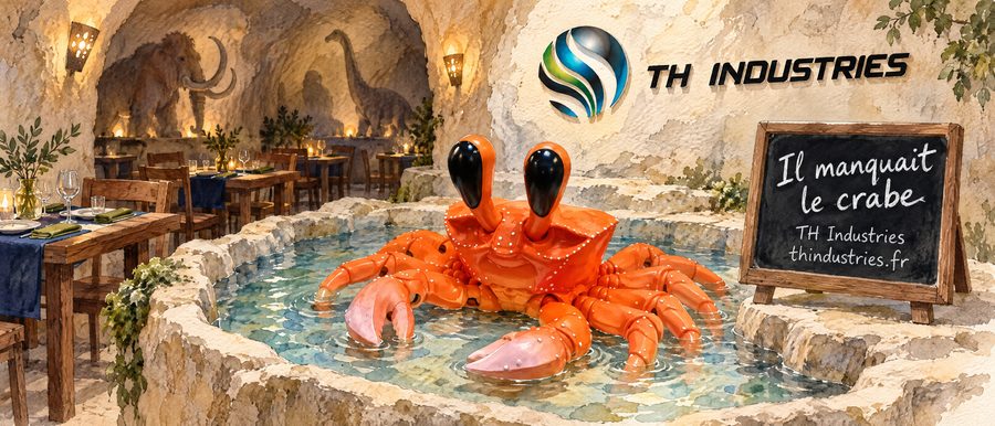 Illustration à l'aquarelle du crabe imprimé en 3D, pattes dans l'eau, dans le décor d'un restaurant troglodyte creusé dans la roche