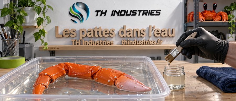 Patte vernie du crabe imprimé en 3D posée dans un bac d'eau, pinceau de vernis à la main, pour vérifier l'étanchéité