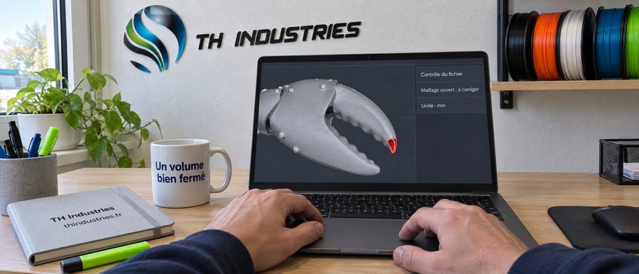 Contrôle d'un fichier 3D de sculpture sur un ordinateur portable, dans le bureau de l'atelier TH Industries à Sarrigné, près d'Angers