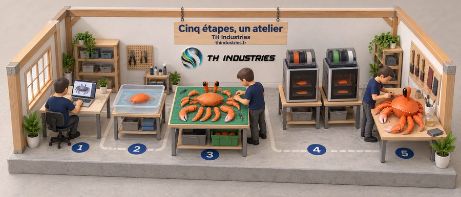Diorama isométrique des cinq étapes pour imprimer une œuvre en 3D, du contrôle du fichier à la finition à la main