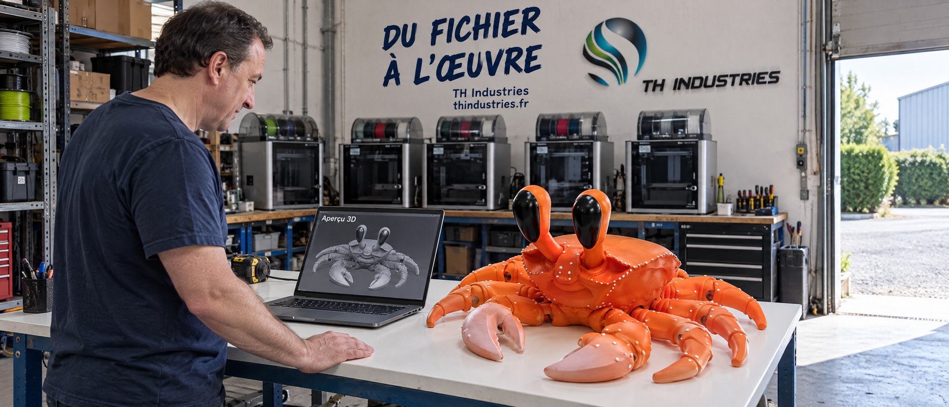 Crabe orange imprimé en 3D posé sur une table de l'atelier, à côté de son modèle à l'écran : une œuvre d'art à partir d'un fichier 3D