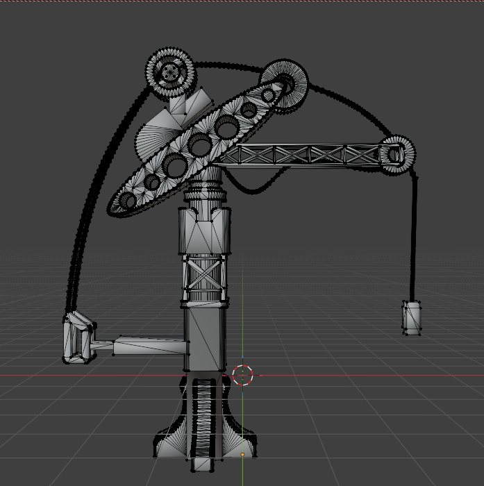 La même grue en cours de modélisation 3D, vue du maillage