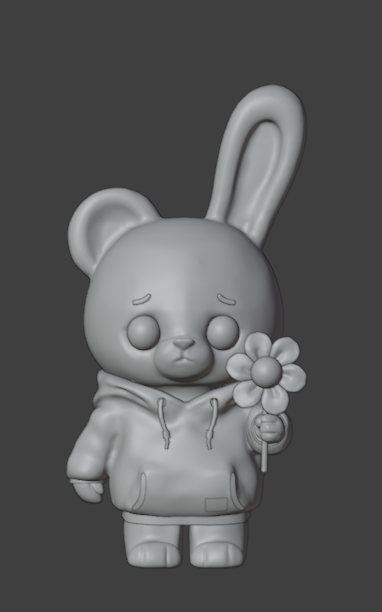 Mascotte de lapin tenant une fleur, modélisée en 3D