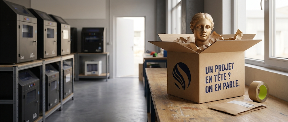 Buste imprimé en 3D emballé dans une boîte, prêt pour l'expédition
