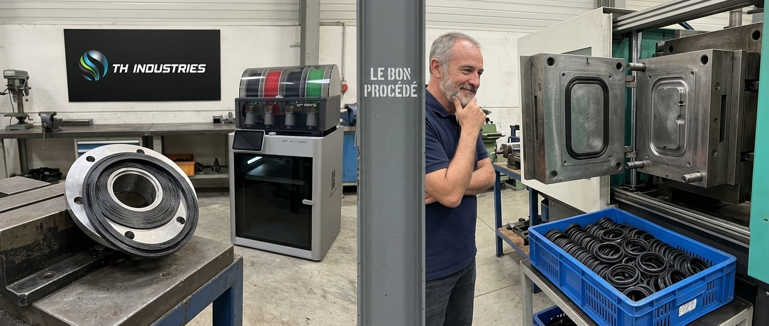 Joint souple imprimé en 3D à gauche, moule d’injection et joints moulés en série à droite