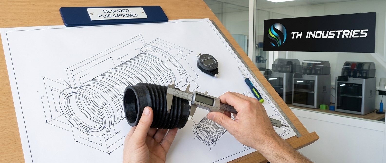 Mesure au pied à coulisse d’un soufflet en TPE imprimé en 3D posé sur son plan technique