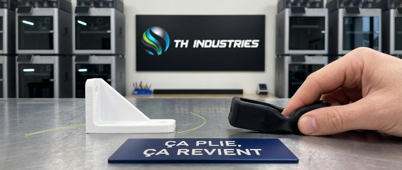 Impression 3D pièce souple : butée en TPE pressée entre deux doigts à côté d’une équerre rigide en PETG