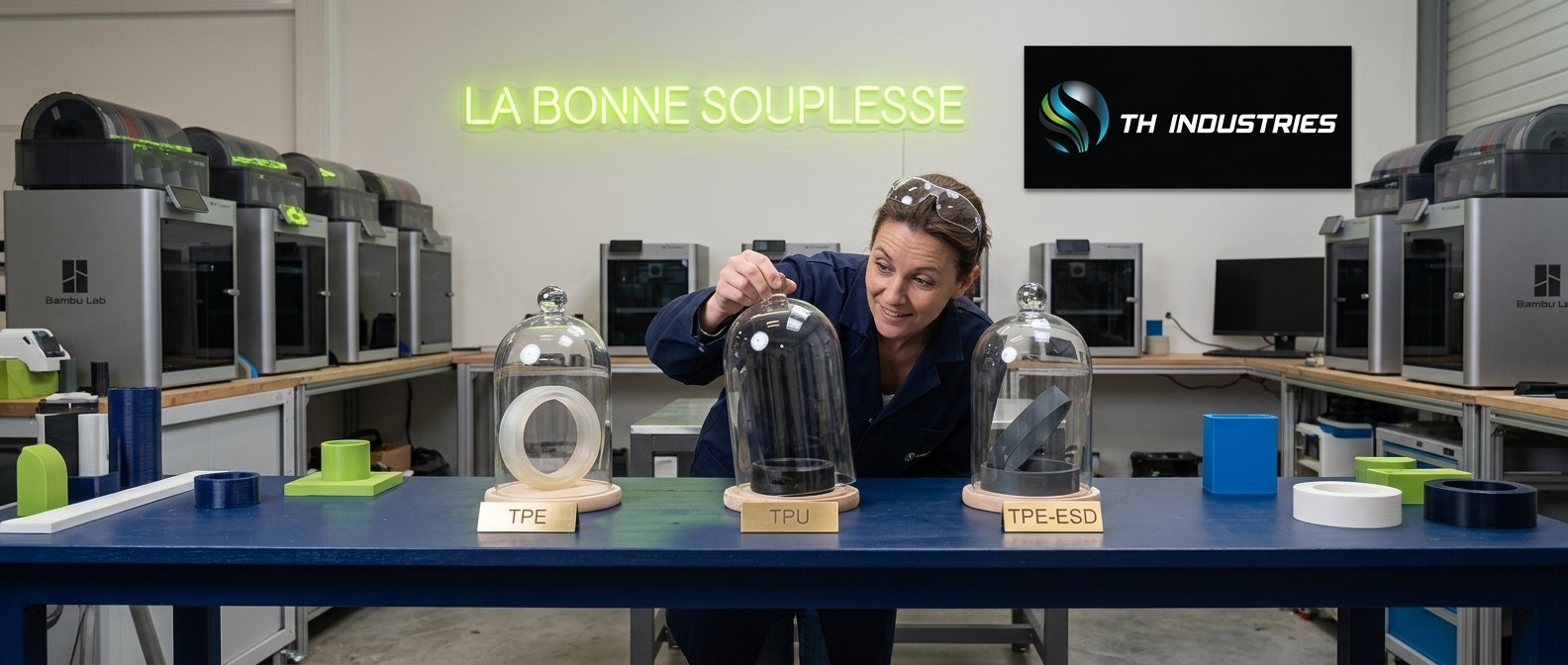 Trois échantillons souples imprimés en 3D en TPE, TPU et TPE-ESD sous cloches de verre à l’atelier
