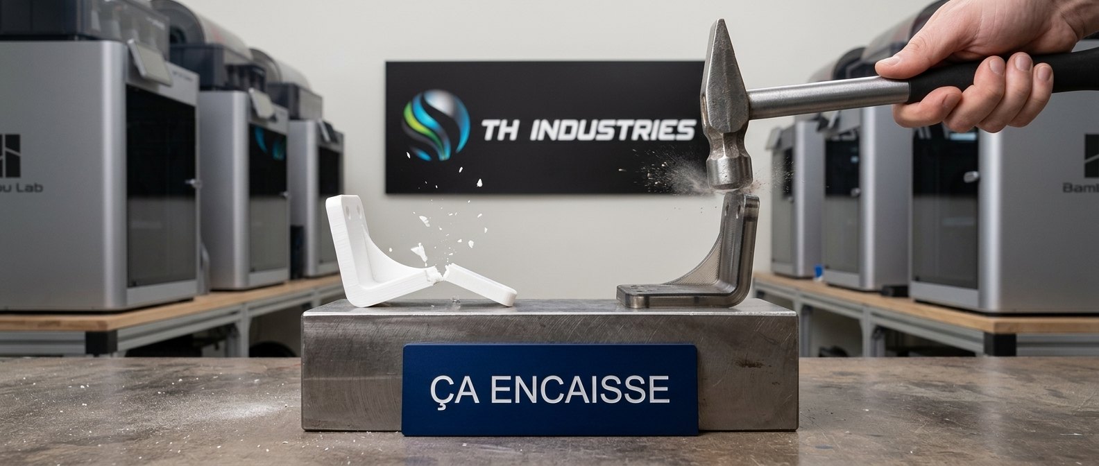 Impression 3D polycarbonate : équerre en PC intacte sous le marteau, à côté d’une équerre en PLA cassée