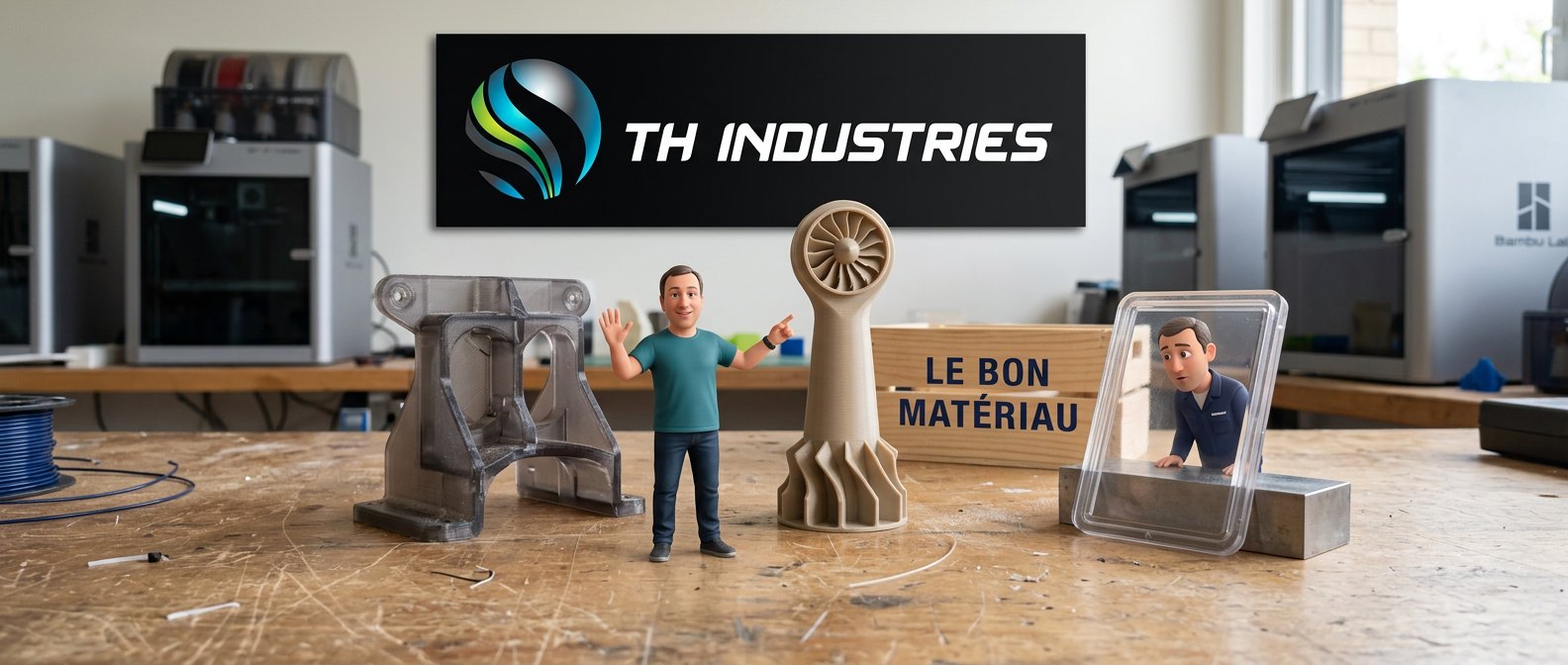 Mini Dominique en 3D oriente vers une pièce en PEEK, devant une équerre en polycarbonate imprimée en 3D