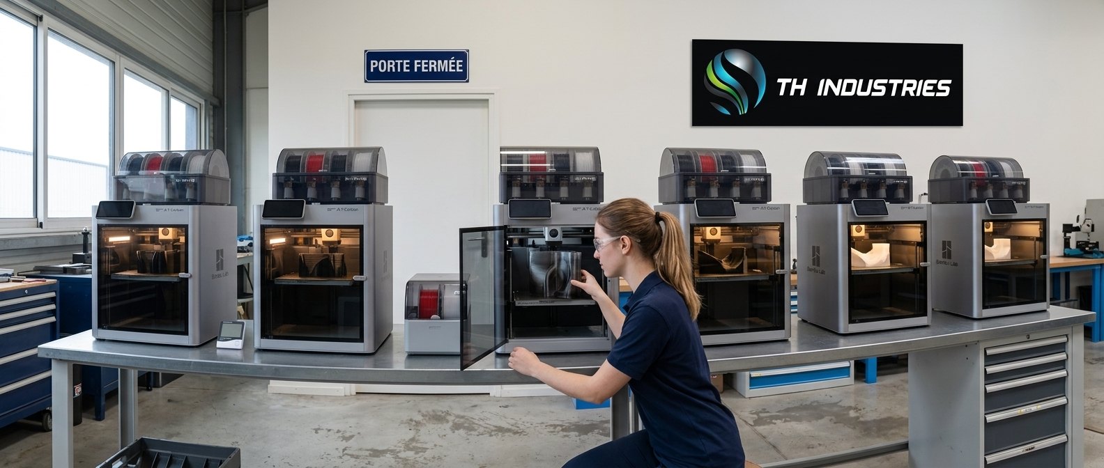 Imprimantes 3D fermées à l’atelier de Sarrigné, porte ouverte sur une pièce en polycarbonate en cours d’impression