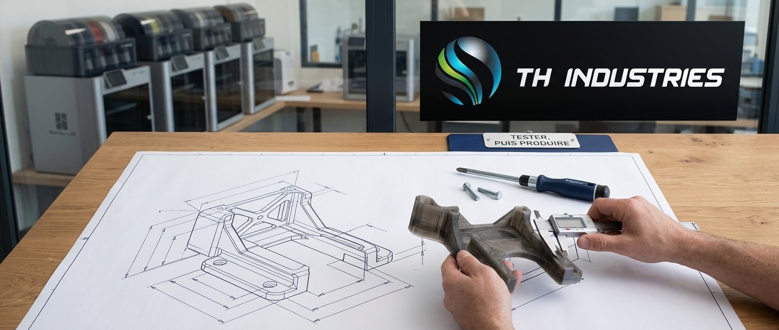 Mesure au pied à coulisse d’une équerre en polycarbonate imprimée en 3D posée sur son plan technique