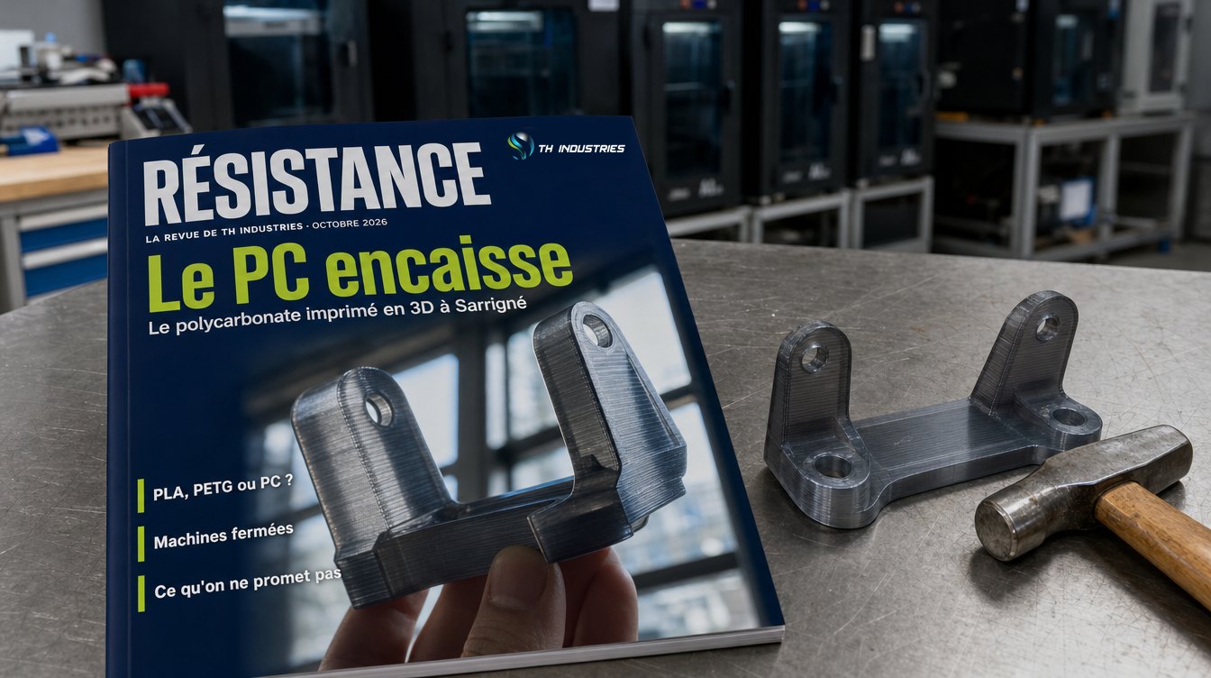 Impression 3D polycarbonate : couverture de magazine « Résistance » et équerre en PC imprimée en 3D à l’atelier TH Industries